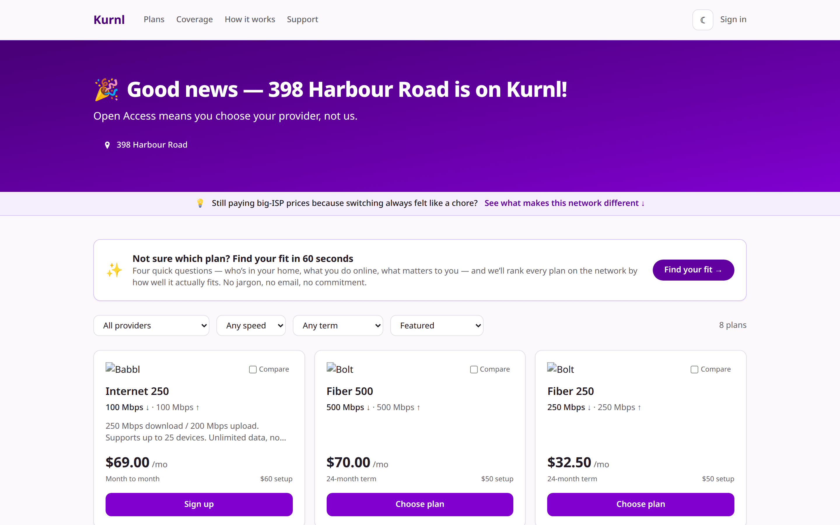 Kurnl white-label storefront with plan cards from multiple providers
