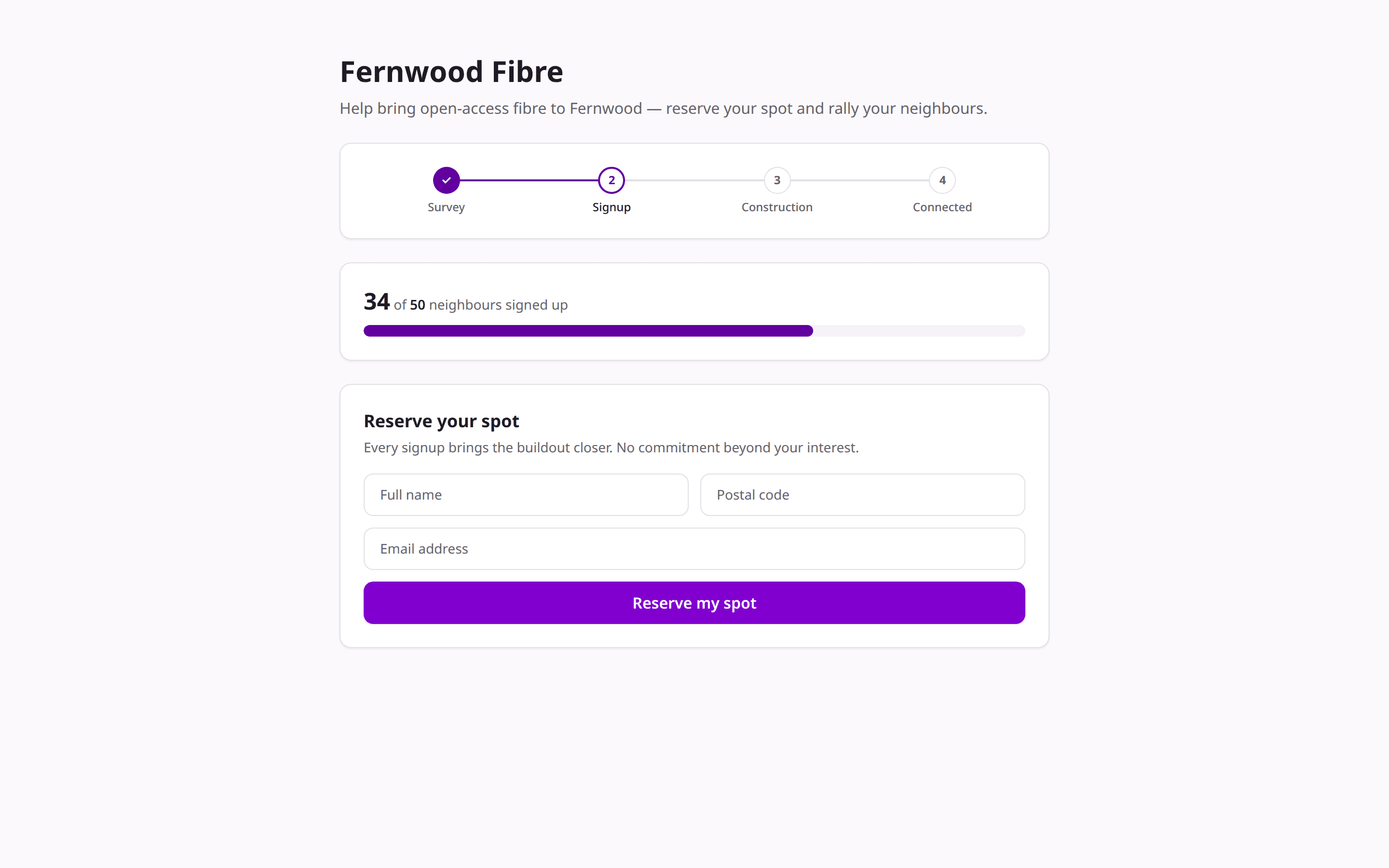 Resident fiberhood campaign page with phase tracker and take-rate progress