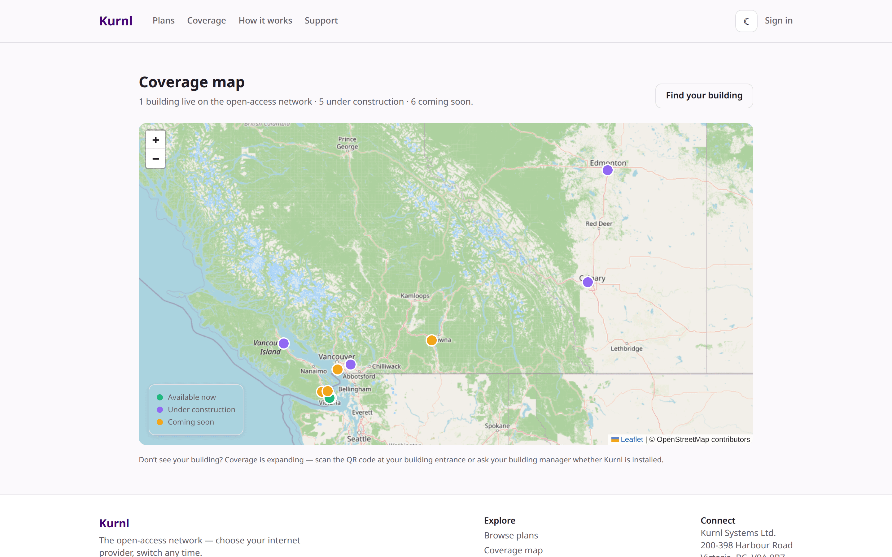 Public coverage map with live, under-construction and coming-soon buildings