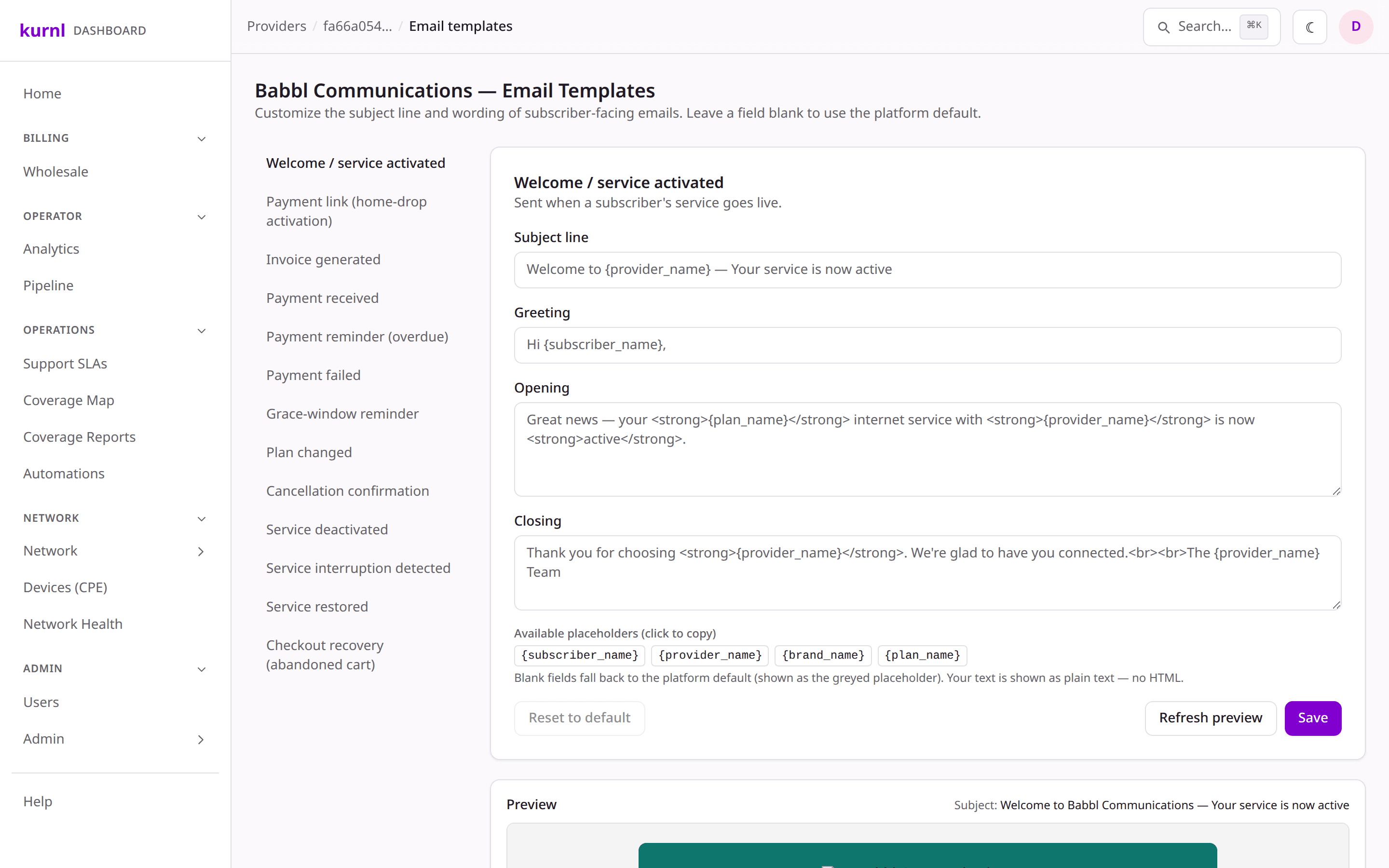 Provider settings: email branding, editable email copy with live preview, and checkout customization